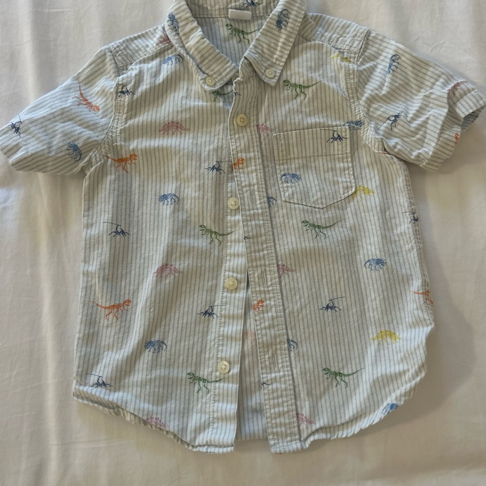 GAP Short-Sleeve Dino Button-Down Shirt - White with Multi-Color Prints